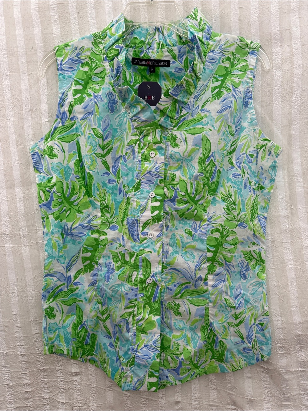 Barbara Erickson Leaf Print Sleeveless Button Shirt, Size 6 NWT